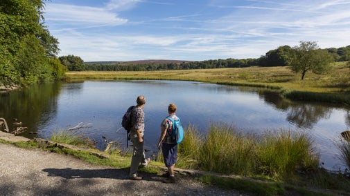 Two people, a man and a woman, standing on the edge of a glass-like still pond that's blue, reflecting the clear blue sky